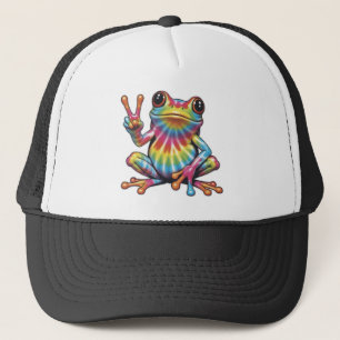 Humorous Frog Lover Tie-Dye Frog Peace Sign Hippie Trucker Hat