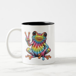 Humorous Frog Lover Tie-Dye Frog Peace Sign Hippie Two-Tone Coffee Mug
