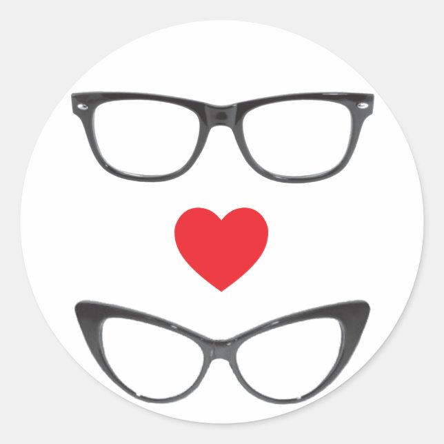 Humorous Geek Love - Heart & Eyeglasses Classic Round Sticker (Front)
