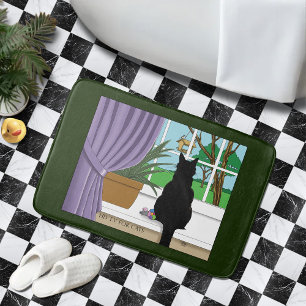 Humorous Green Curious Black Cat Window  Bath Mat