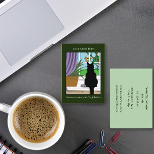 Humorous Green Curious Black Cat Window Business Card
