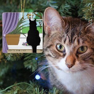 Humorous Green Curious Black Cat Window Ceramic Ornament