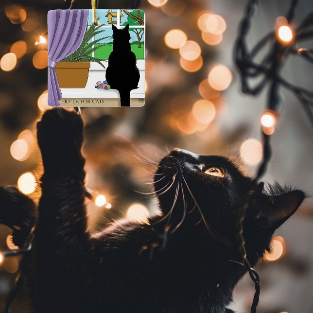 Humorous Green Curious Black Cat Window  Ceramic Ornament (Creator Uploaded)