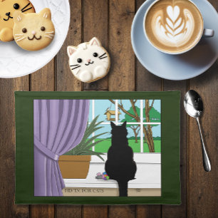 Humorous Green Curious Black Cat Window  Cloth Placemat