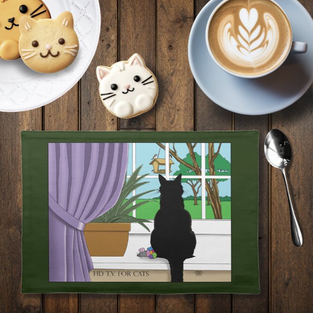 Humorous Green Curious Black Cat Window  Cloth Placemat (Creator Uploaded)