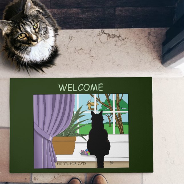 Humorous Green Curious Black Cat Window  Doormat (Creator Uploaded)