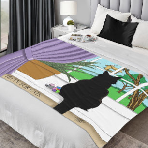 Humorous Green Curious Black Cat Window  Fleece Blanket