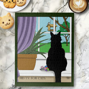 Humorous Green Curious Black Cat Window  Jigsaw Puzzle