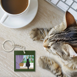 Humorous Green Curious Black Cat Window  Keychain