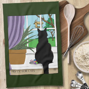 Humorous Green Curious Black Cat Window  Kitchen Towel