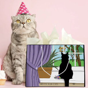 Humorous Green Curious Black Cat Window Large Gift Bag