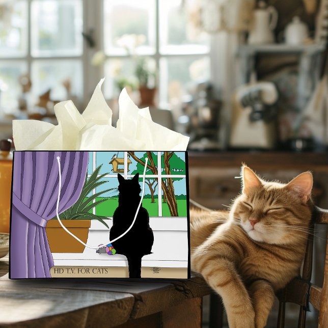 Humorous Green Curious Black Cat Window  Large Gift Bag (Creator Uploaded)