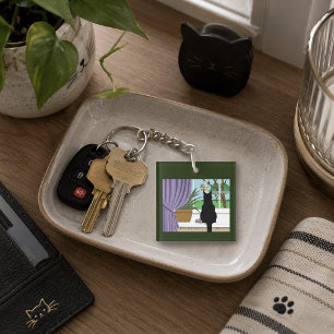 Humorous Green Curious Black Cat Window logo Keychain