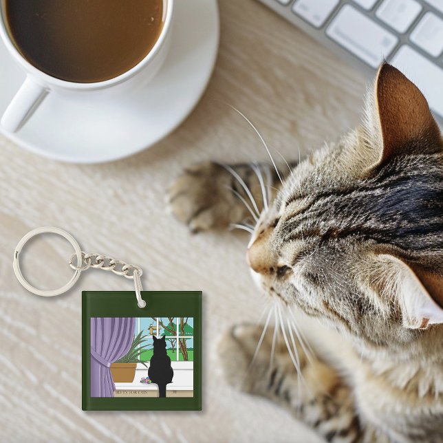 Humorous Green Curious Black Cat Window logo Keychain (Creator Uploaded)