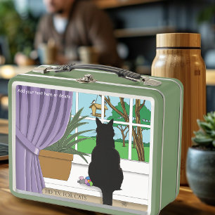 Humorous Green Curious Black Cat Window Metal Lunch Box