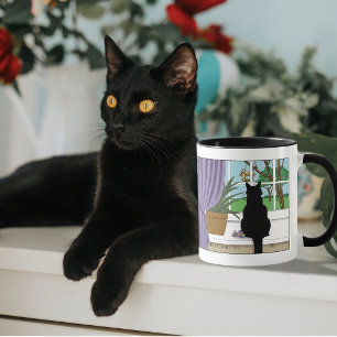 Humorous Green Curious Black Cat Window Mug
