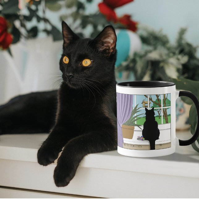 Humorous Green Curious Black Cat Window  Mug (Creator Uploaded)