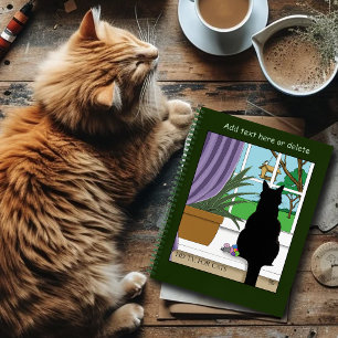 Humorous Green Curious Black Cat Window  Notebook