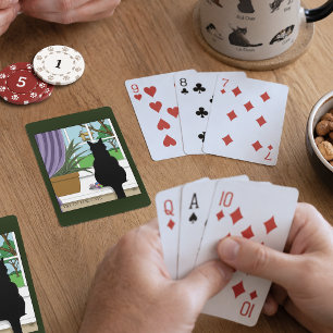 Humorous Green Curious Black Cat Window Poker Cards