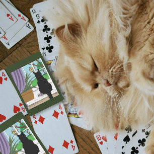 Humorous Green Curious Black Cat Window Poker Cards
