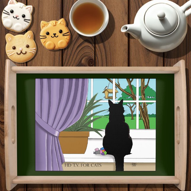Humorous Green Curious Black Cat Window  Serving Tray (Creator Uploaded)