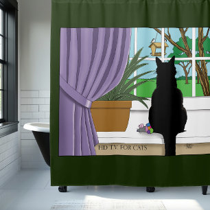 Humorous Green Curious Black Cat Window  Shower Curtain