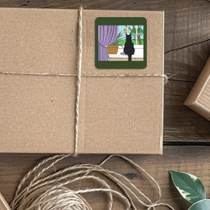 Humorous Green Curious Black Cat Window Square Sticker