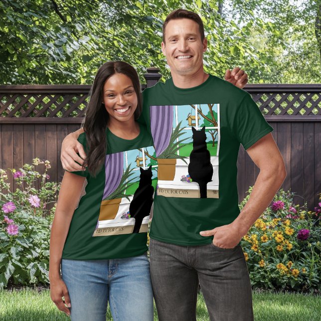 Humorous Green Curious Black Cat Window  T-Shirt (Creator Uploaded)