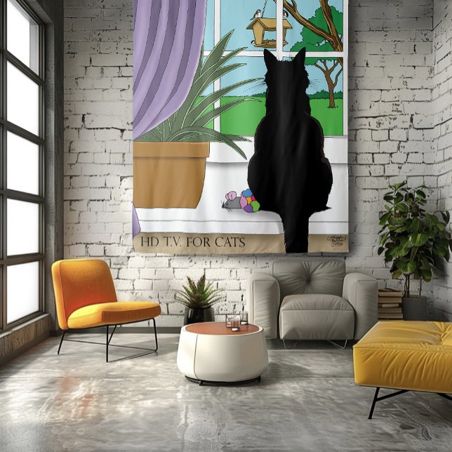 Humorous Green Curious Black Cat Window  Tapestry (Creator Uploaded)