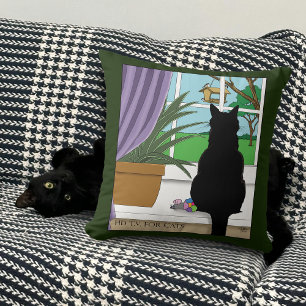 Humorous Green Curious Black Cat Window  Throw Pillow