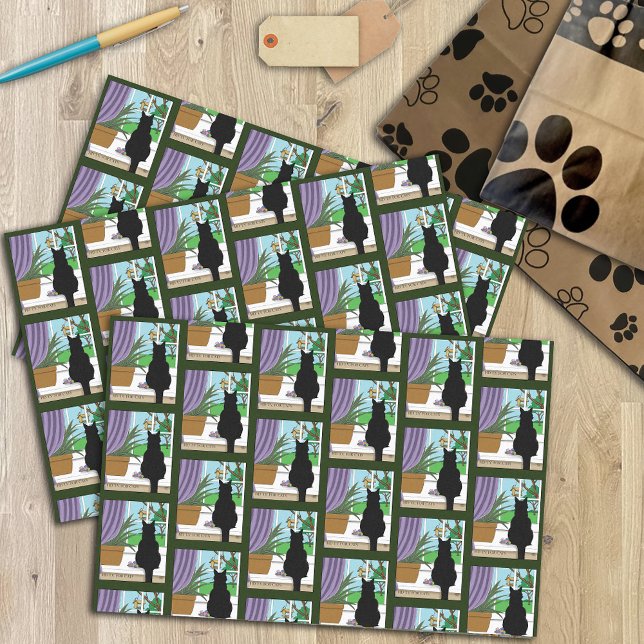 Humorous Green Curious Black Cat Window  Tissue Paper (Creator Uploaded)