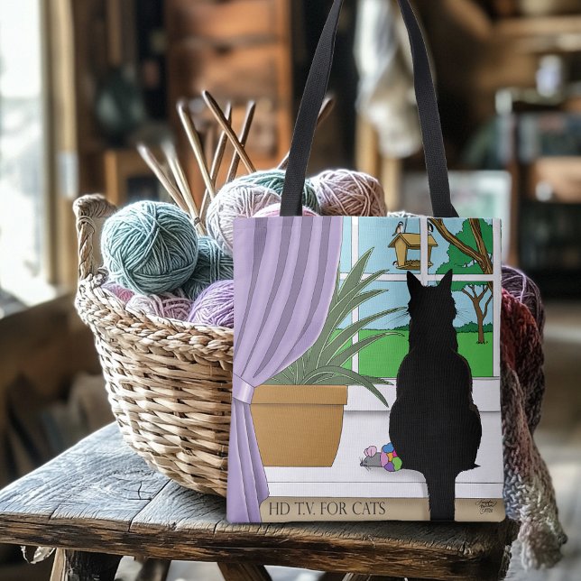 Humorous Green Curious Black Cat Window  Tote Bag (Creator Uploaded)