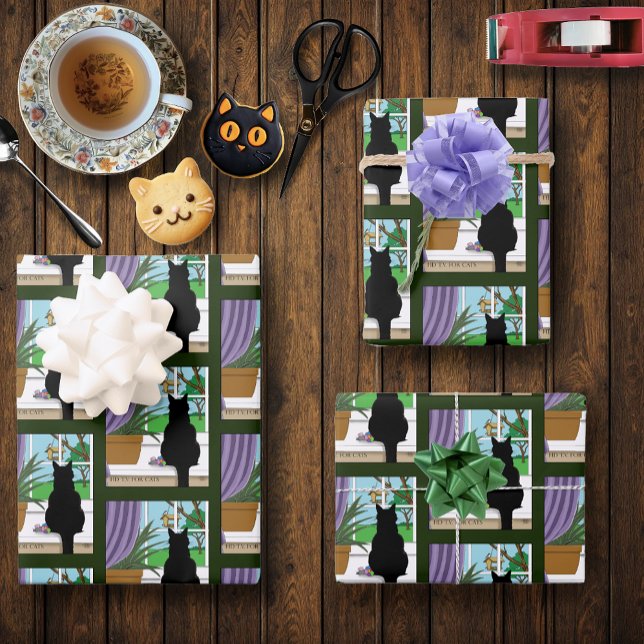 Humorous Green Curious Black Cat Window  Wrapping Paper Sheets (Creator Uploaded)