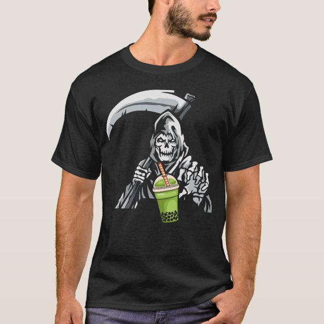 Humorous Grim Reaper Boba Tea T-Shirt (Front)