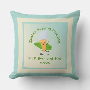 Humorous Ice Cream Surfer with Surfboard Name Text Outdoor Pillow