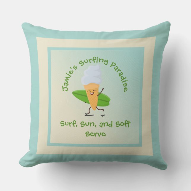 Humorous Ice Cream Surfer with Surfboard Name Text Outdoor Pillow (Front)