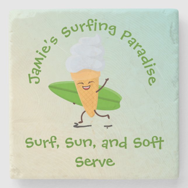 Humorous Ice Cream Surfer with Surfboard Name Text Stone Coaster (Front)
