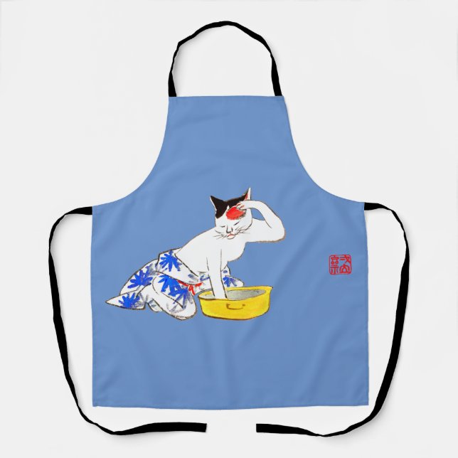 Humorous Japanese Cat Bathing I Apron (Front)