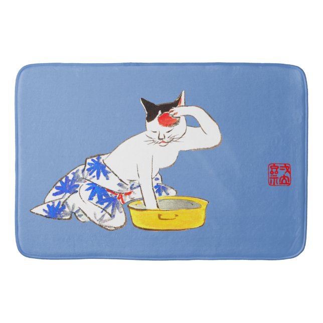 Humorous Japanese Cat Bathing I Bath Mat (Front)