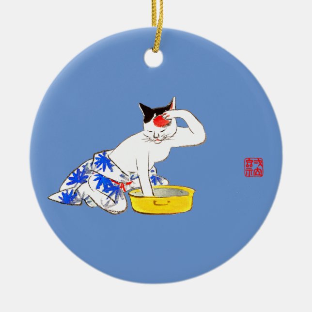 Humorous Japanese Cat Bathing I Ceramic Ornament (Front)