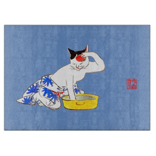 Humorous Japanese Cat Bathing I Cutting Board
