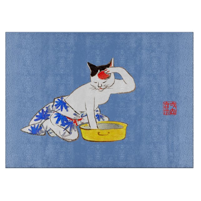 Humorous Japanese Cat Bathing I Cutting Board (Front)