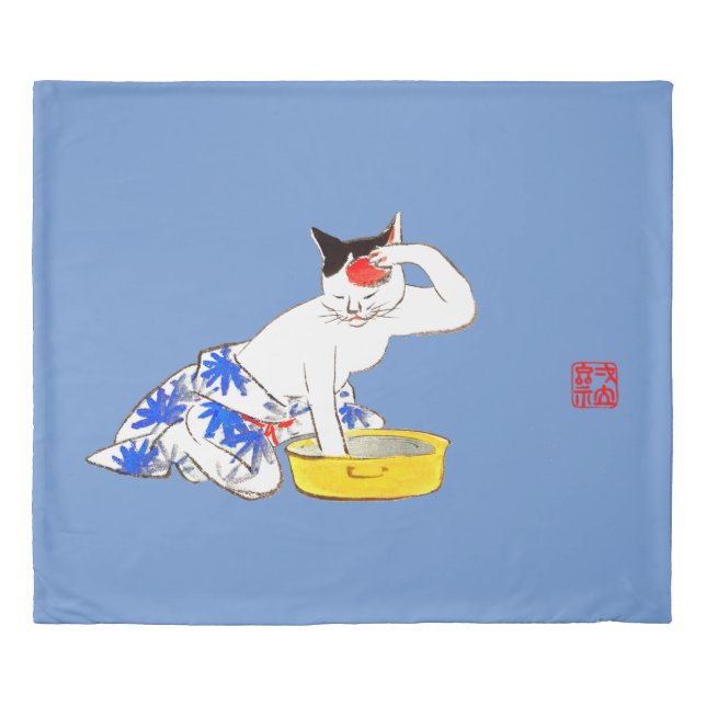 Humorous Japanese Cat Bathing I Duvet Cover (Front)