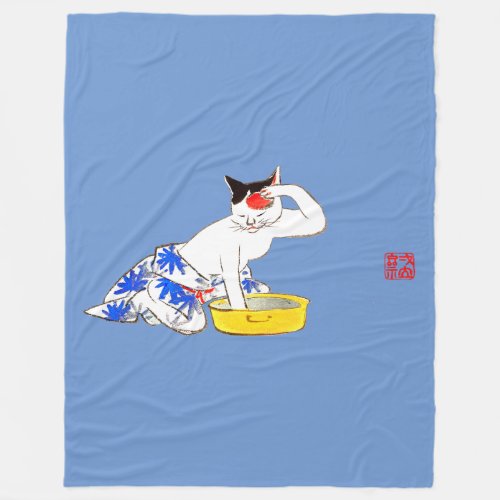 Humorous Japanese Cat Bathing I Fleece Blanket