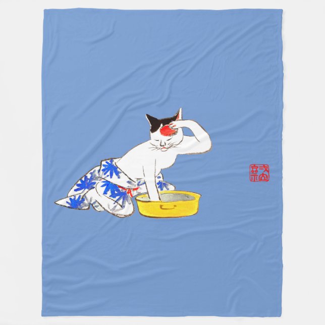 Humorous Japanese Cat Bathing I Fleece Blanket (Front)