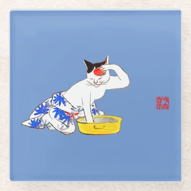 Humorous Japanese Cat Bathing I Glass Coaster (Front)