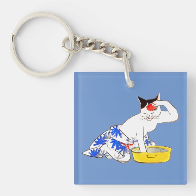 Humorous Japanese Cat Bathing I Keychain (Front)
