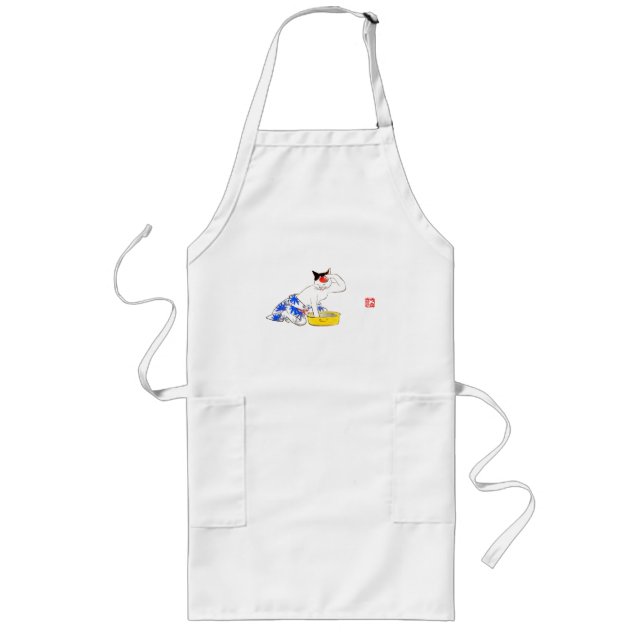 Humorous Japanese Cat Bathing I Long Apron (Front)
