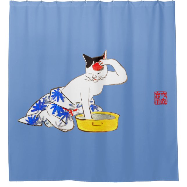 Humorous Japanese Cat Bathing I Shower Curtain (Front)