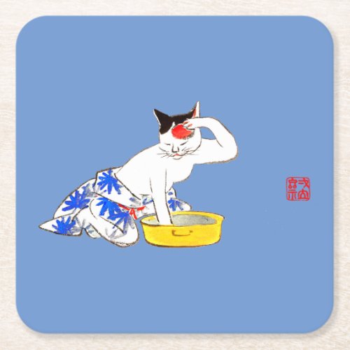 Humorous Japanese Cat Bathing I Square Paper Coaster
